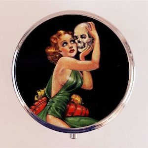 Pulp Fiction Skull Pill Box Case Pillbox Holder Trinket Woman Macabre Art Deco Goth