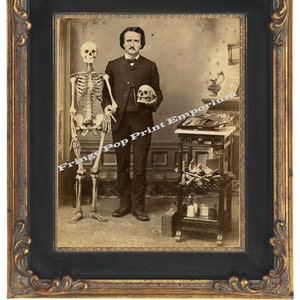 Victorian Edgar Allan Poe With Skeleton Art Print 8 x 10 - Altered Art Cabinet Card Style