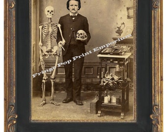 Victorian Edgar Allan Poe With Skeleton Art Print 8 x 10 - Altered Art Cabinet Card Style