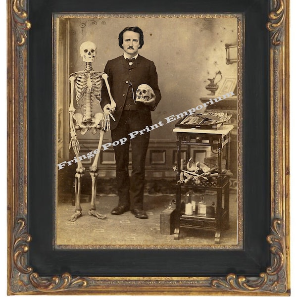 Viktorianischen Edgar Allan Poe mit Skelett Kunstdruck 8 x 10 - Altered Art Cabochon Karte Stil