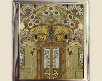 Art Nouveau Butterfly Cigarette Case Business Card ID Holder Wallet Floral Flower Flowers Pattern