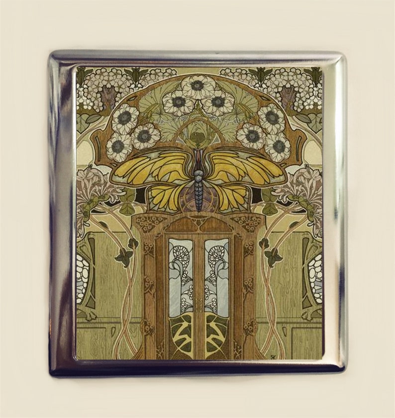 Art Nouveau Butterfly Cigarette Case Business Card ID Holder Wallet Floral Flower Flowers Pattern image 1