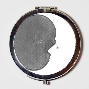 Crescent Moon Compact Mirror - Whimsical Man in Moon Storybook - Make Up Pocket Mirror for Cosmetics