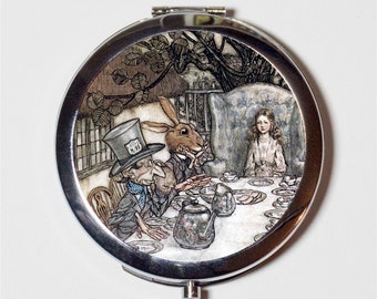 Alice in Wonderland Compact Mirror - Fairytale Lewis Carroll Arthur Rackham Tea Party - Make Up Pocket Mirror for Cosmetics