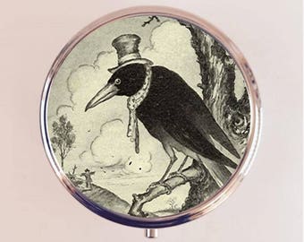 Hobo Crow Pill Box Case Pillbox Holder Trinket Whimsical Black Bird