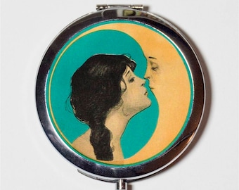 Moon Kiss Compact Mirror - Romantic Man in the Moon Kissing Art Nouveau - Make Up Pocket Mirror for Cosmetics