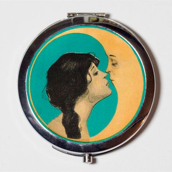 Moon Kiss Compact Mirror - Romantic Man in the Moon Kissing Art Nouveau - Make Up Pocket Mirror for Cosmetics