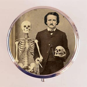 Edgar Allan Poe Pill Box Case Pillbox Holder Trinket Skeleton Skull Goth Author Altered Art