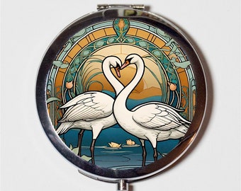 Art Nouveau Swan Compact Mirror Make Up Pocket Mirror for Cosmetics Swans Birds Art Deco Bird Art