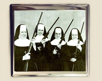 Nuns with Guns Cigarette Case Business Card ID Holder Wallet Nun Retro Kitsch Campy