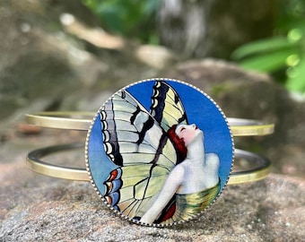Butterfly Fairy Bronze Cuff Bracelet | Fantasy Jewelry | Art Deco Inspired |  1920s Flapper Girl