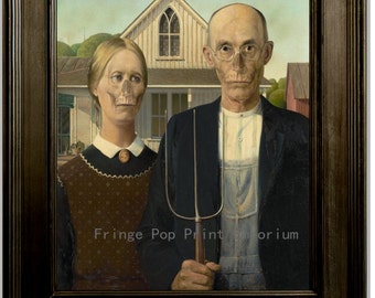 Zombie American Gothic Print 8 x 10 - Figures from Famous Painting with Zombie Faces - Goth Horror - Dark Art - Skeleton