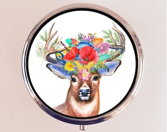 Floral Deer Pill Box Case Pillbox Holder Trinket Stash Box Buck Flowers Flower Stag Woodland Creature
