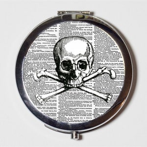Skull and Crossbones Compact Mirror - Goth Macabre Pirate Jolly Roger - Make Up Pocket Mirror for Cosmetics