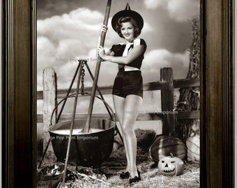 Retro Pin Up Witch Art Print 8 x 10 - With Pumpkin - Pinup Kitsch Rockabilly 50s 1950s Pinup Halloween with Cauldron