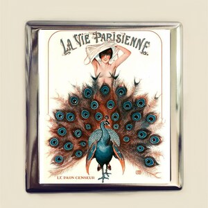 Estuche para cigarrillos Art Déco con diseño de pavo real, tarjetero, billetera, estilo francés, estilo flapper, años 20, parisino, Francia, pájaro
