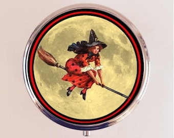 Victorian Witch Pill Box Case Pillbox Holder Trinket Halloween Vintage Flying on Broom Witchcraft