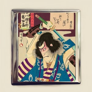 Japanese Samurai Woodblock Cigarette Case Business Card ID Holder Wallet Japan Kabuki Warrior Asian Art