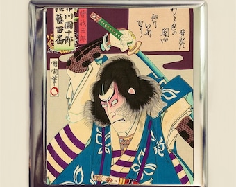 Japanese Samurai Woodblock Cigarette Case Business Card ID Holder Wallet Japan Kabuki Warrior Asian Art