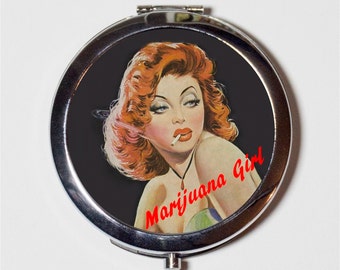 Marijuana Girl Compact Mirror - Vintage Pulp Image Weed Pot Cannabis Pin Up - Make Up Pocket Mirror for Cosmetics