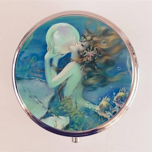 Mermaid Pill Box Case Pillbox Holder Trinket Pearl Art Deco Nautical Siren