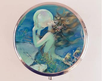 Mermaid Pill Box Case Pillbox Holder Trinket Pearl Art Deco Nautical Siren