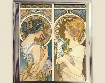Alphonse Mucha Primrose and Feather Cigarette Case Business Card ID Holder Ivy Art Nouveau Art Deco Art Flapper Edwardian Boho Bohemian