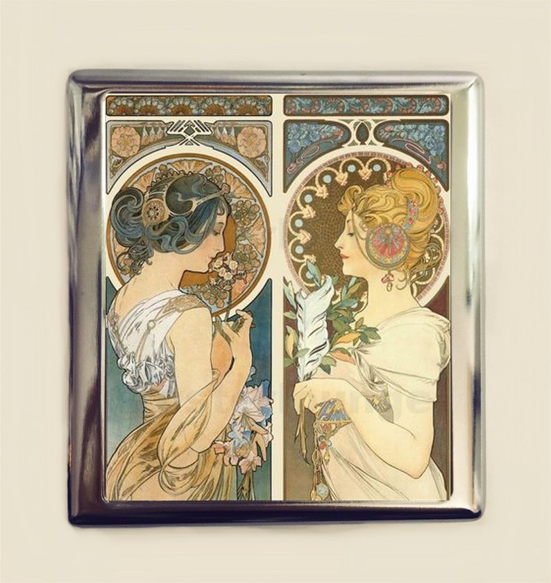 Alphonse Mucha Primrose and Feather Cigarette Case Business Card ID Holder Ivy Art Nouveau Art Deco Art Flapper Edwardian Boho Bohemian 