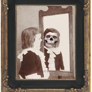 Victorian Skull Face Art Print 8 x 10 - Memento Mori - Mortality - Child Looks in Mirror Sees Death - Goth - Horror