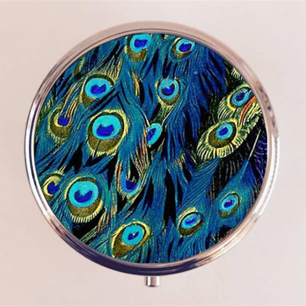 Peacock Feather Pill Box Case Pillbox Holder Trinket Art Deco Feathers