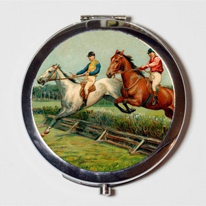 Horse Racing Compact Mirror - Jockey Edwardian Illustration - Make Up Pocket Mirror for Cosmetics