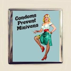 Condoms Prevent Minivans Cigarette Case Business Card ID Holder Wallet Funny Retro Pin Up Girl