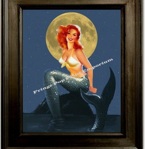 Mermaid Art Print 8 x 10 - Pin Up Girl in the Moonlight - Pinup Poster