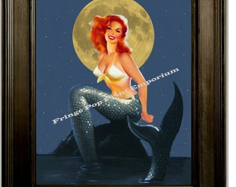 Mermaid Art Print 8 x 10 - Pin Up Girl in the Moonlight - Pinup Poster