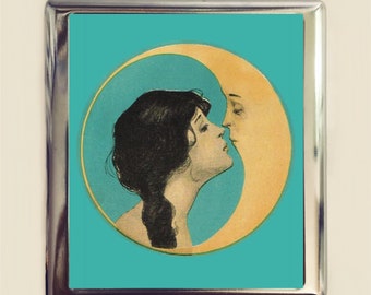 Moon Kiss Cigarette Case Business Card ID Holder Wallet Kissing Romance Romantic Crescent Moon Fantasy Whimsical Celestial