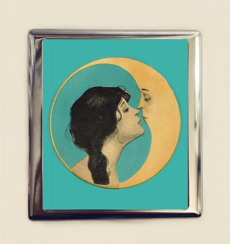 Moon Kiss Cigarette Case Business Card ID Holder Wallet Kissing Romance Romantic Crescent Moon Fantasy Whimsical Celestial 