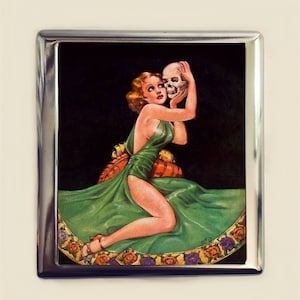 Estuche para cigarrillos con calavera para mujer, tarjetero, billetera, estilo retro, pulpa gótica, macabro, arte oscuro, gótico