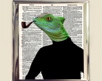 lizard smoking a cigarette Lizard Man Cigarette Case Business Card ID Holder Wallet Anthropomorphic  Animal Pop Art Whimsical Professor