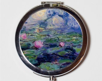 Claude Monet Water Lilies Compact Mirror - Impressionist Fine Art Painting - Make Up Pocket Mirror for Cosmetics