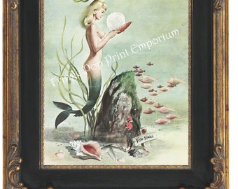 Pinup Mermaid Art Print 8 x 10 - Pin Up Art - Retro 1950s With School of Fish