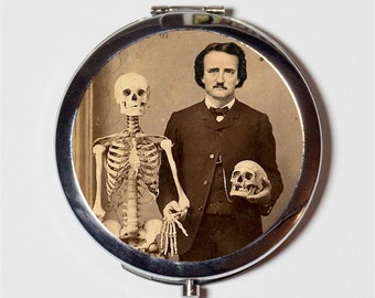 Edgar Allan Poe Skeleton Compact Mirror - Pop Surrealism Literary Literature Goth Author The Raven - Make Up Pocket Mirror for Cosmetics