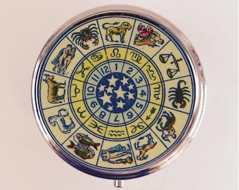 Zodiac Ad Pill Box Case Pillbox Holder Trinket Stash Box Astrology Astrological Occult Blue
