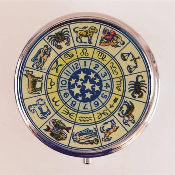 Zodiac Ad Pill Box Case Pillbox Holder Trinket Astrology Astrological Occult Blue