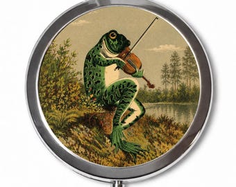Frog Fiddle  Compact Mirror - Victorian Style Animal Art - Make Up Pocket Mirror for Cosmetics