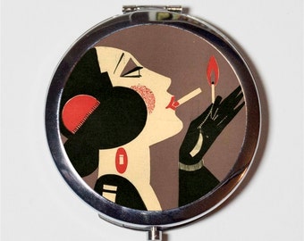 Flapper Lighting Cigarette Compact Mirror - Art Deco Illustration 1920's Jazz Age Roaring 20s - Make Up Pocket Mirror for Cosmetics