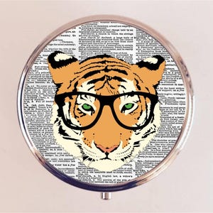 Tiger Nerd Pill Box Case Pillbox Holder Trinket Hipster Glasses Anthropomorphic Animal Pop Art