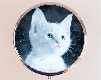 Kawaii Cat Pill Box Case Pillbox Holder Trinket Adorable White Kitten