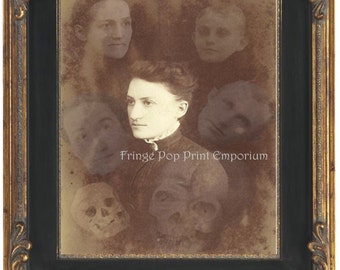 Victorian Ghost Art Print 8 x 10 - Altered Art Spirit Photo - Woman Surrounded by Ghosts Spirits - Seance - Spiritualism - Occult - Skulls