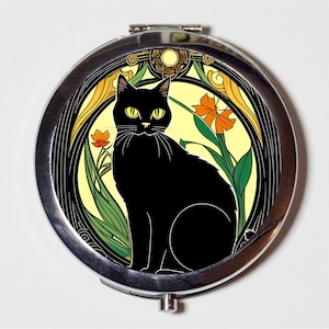 Art Nouveau Black Cat Compact Mirror - Art Deco Vintage Style Animal Art - Make Up Pocket Mirror for Cosmetics