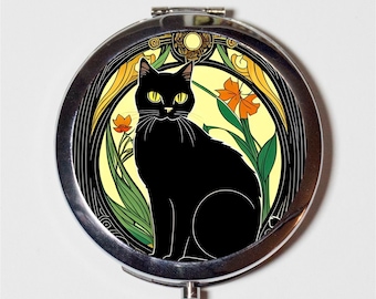 Art Nouveau Black Cat Compact Mirror - Art Deco Vintage Style Animal Art - Make Up Pocket Mirror for Cosmetics